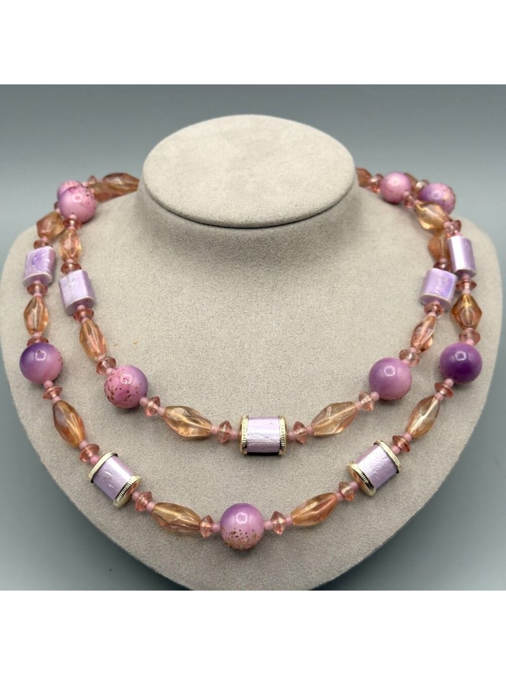 Vintage Double Strand Glass Bead Necklace Pink Purple Gold Flecks Japan